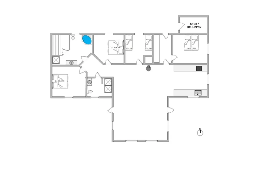 Plano de planta con varias habitaciones alrededor de una amplia zona central.