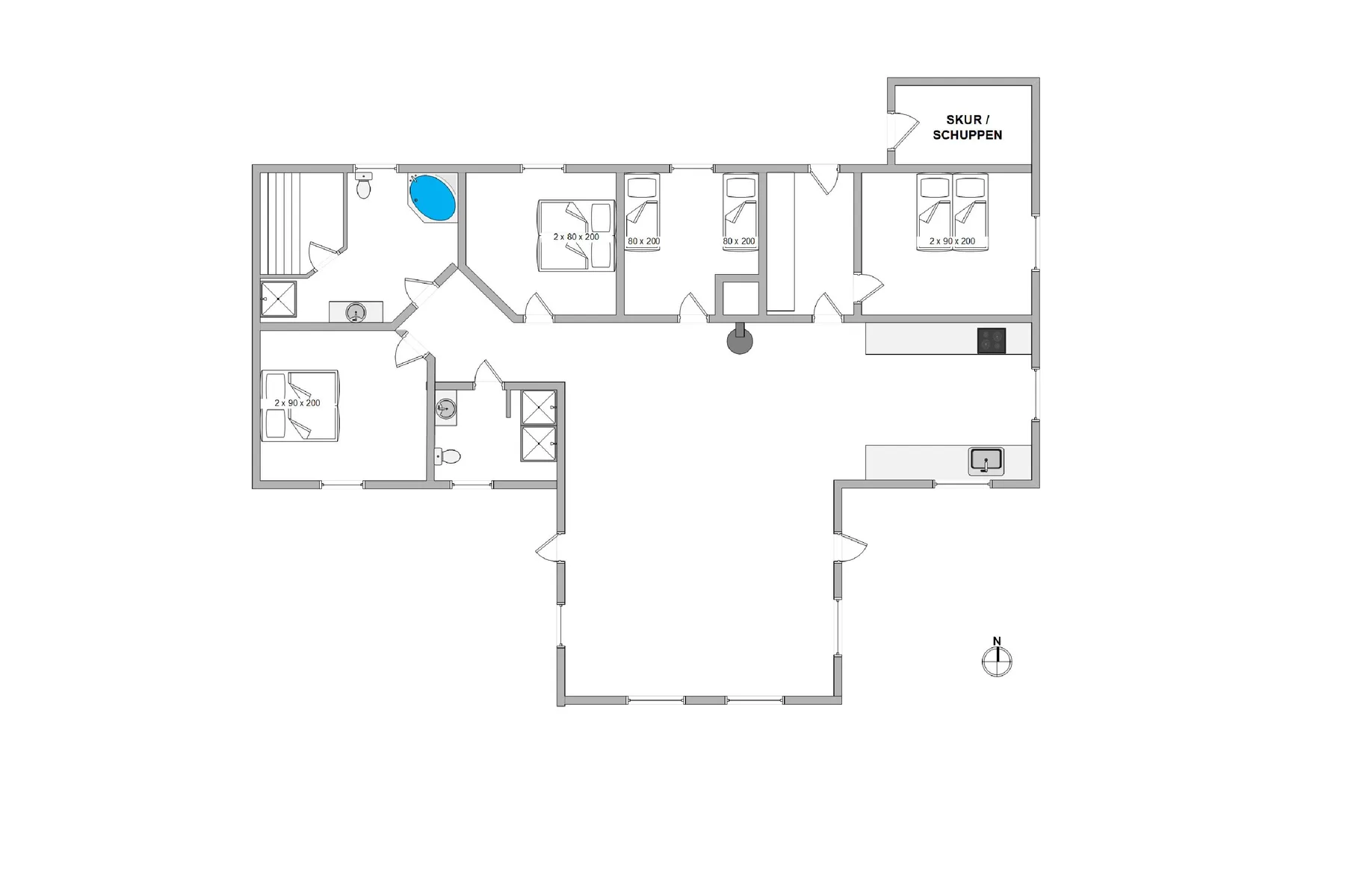 Un plano muestra varias habitaciones distribuidas alrededor de un espacio central abierto.