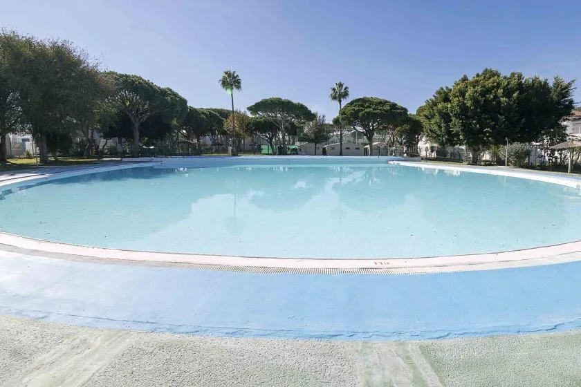 An outdoor swimming pool surrounded by trees beneath a clear sky.