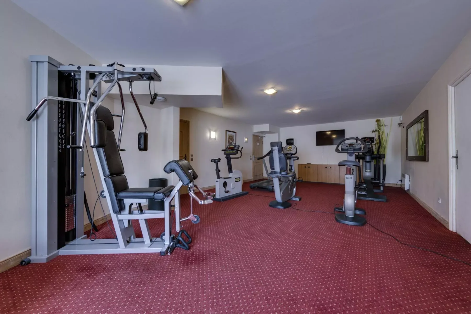 Un gimnasio con máquinas de ejercicio distribuidas sobre una alfombra roja.