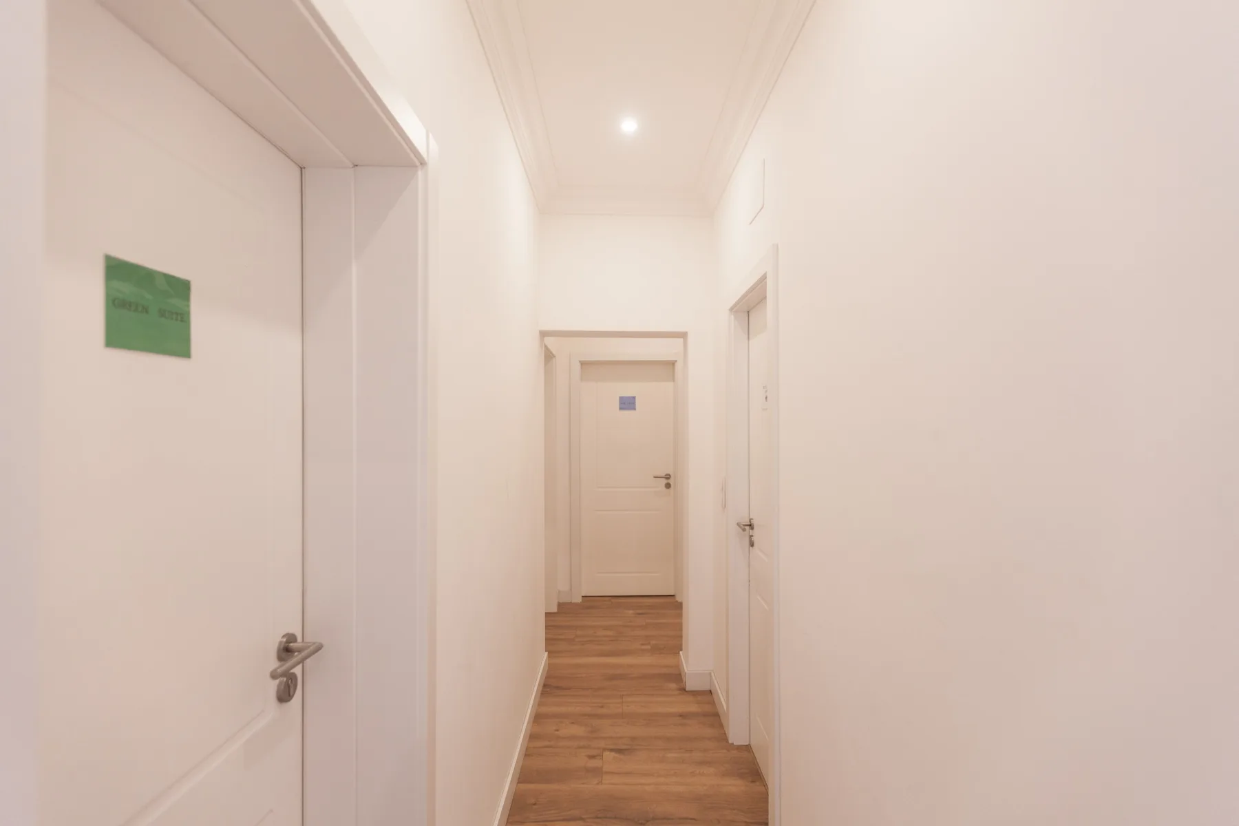 A bright hallway with white doors and wood flooring.