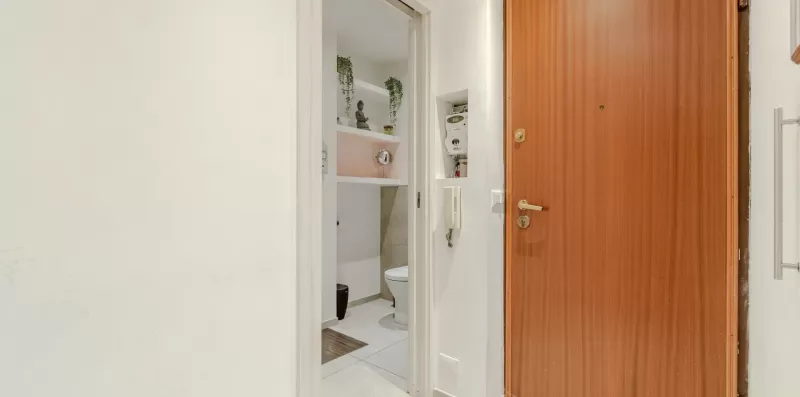 A wooden entrance door stands beside an open bathroom doorway.