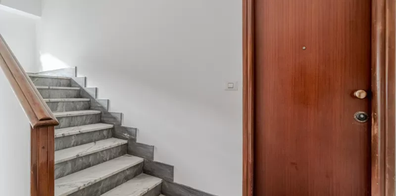 A stairwell with gray stone steps beside a wooden entry door.