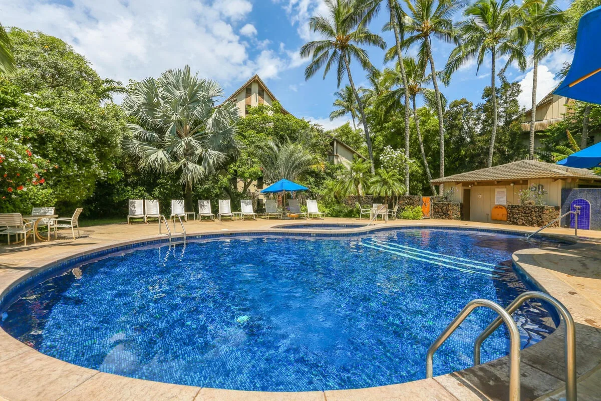 Una piscina tropical al aire libre está rodeada de palmeras y asientos de descanso.