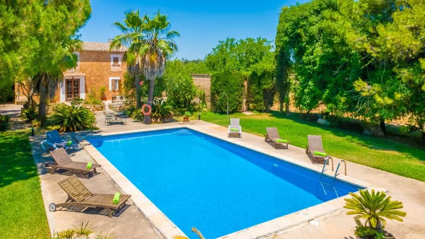 An outdoor swimming pool is surrounded by lounge seating, lawn, and trees.