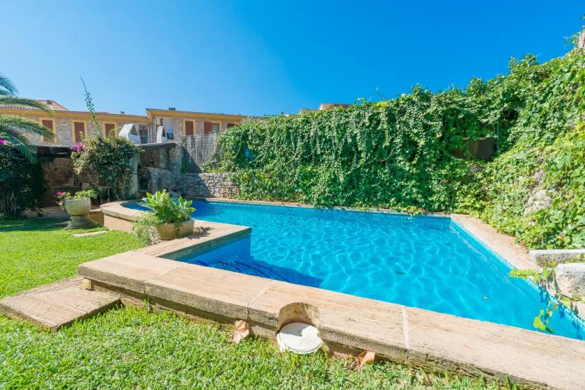A swimming pool sits in a grassy garden bordered by dense greenery.