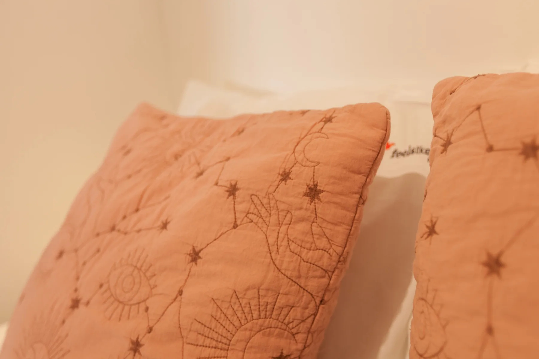 Cojines decorativos con patrones celestes bordados descansan sobre una cama.