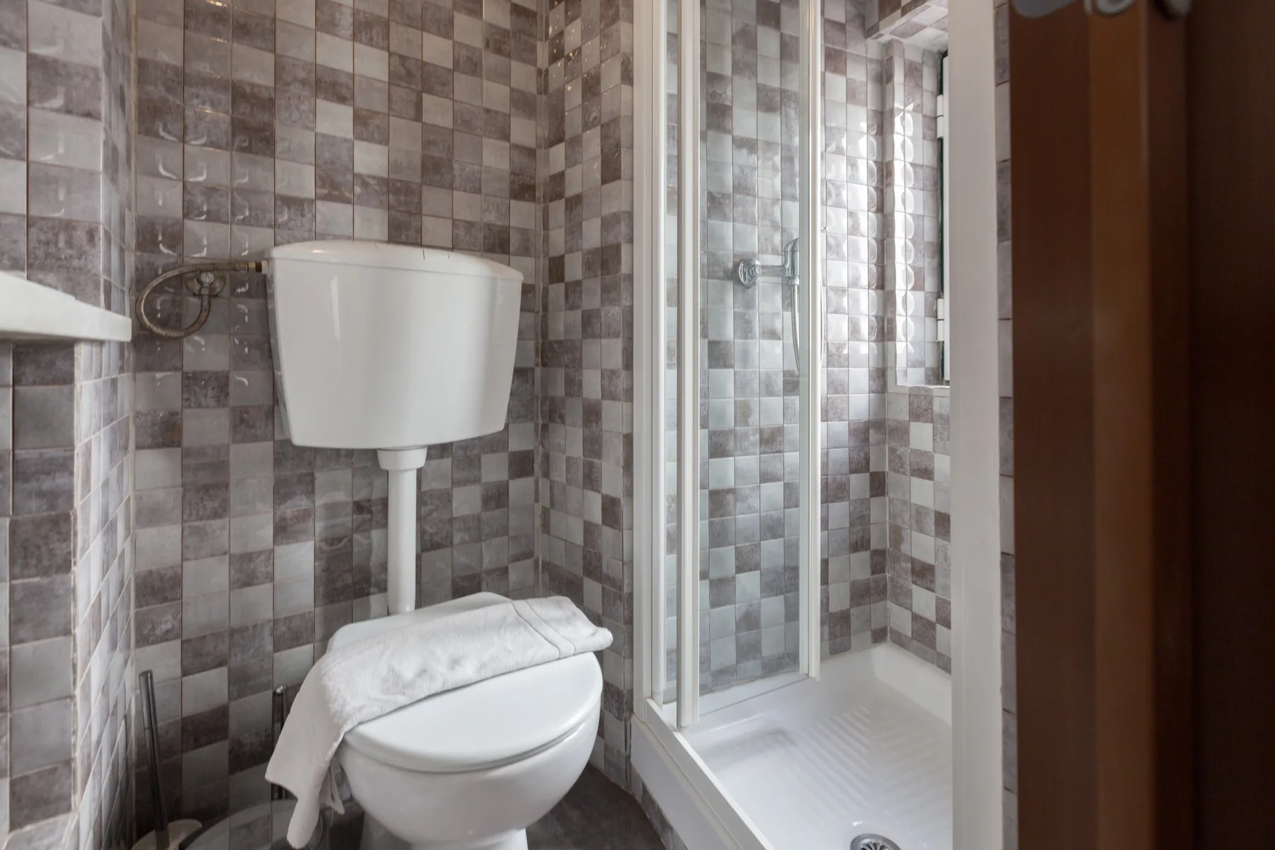 Un baño alicatado con inodoro y ducha.