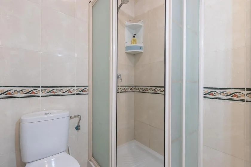 A tiled bathroom with a glass-enclosed shower and toilet.