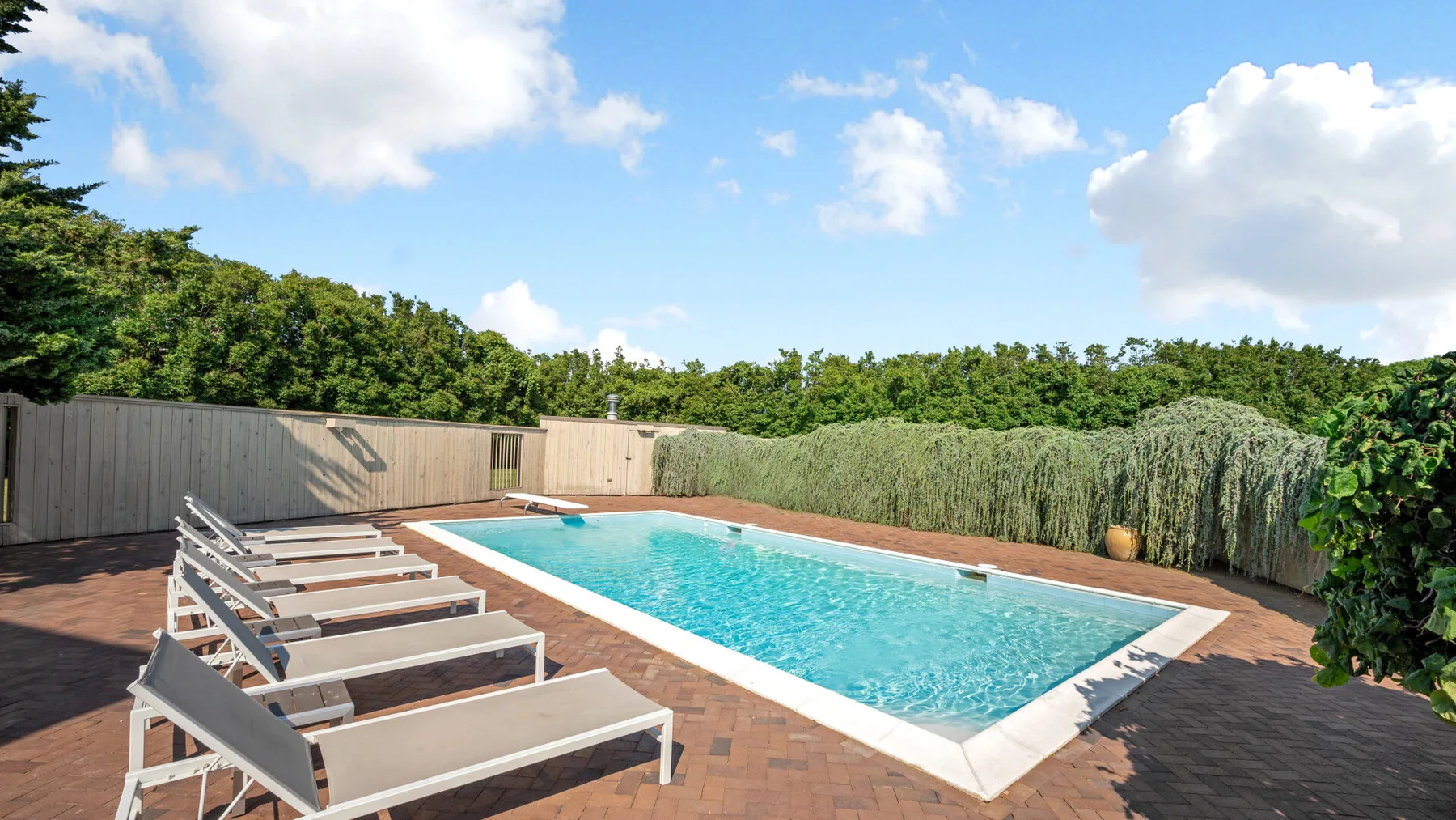 An outdoor swimming pool is surrounded by loungers and a wooden privacy fence.