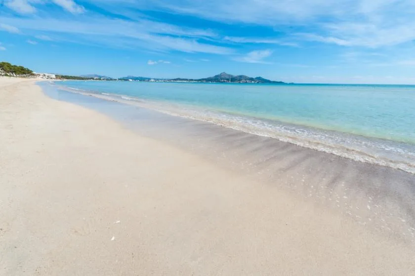 Una playa de arena se encuentra con aguas turquesas y cielo azul.