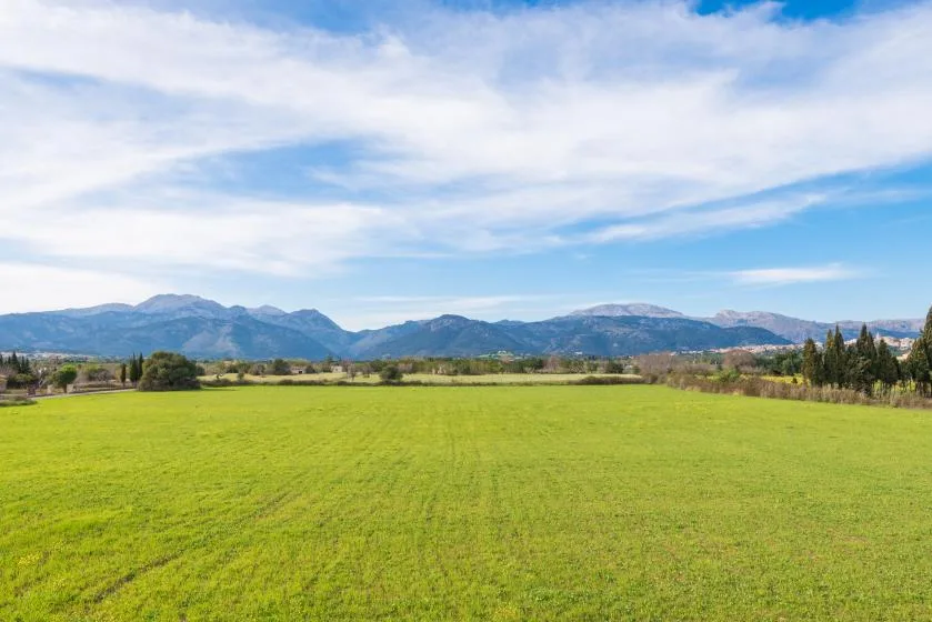 Un amplio campo verde se extiende hacia una cordillera distante bajo un cielo nublado.