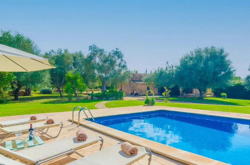 Una piscina al aire libre está junto a un patio soleado y un jardín verde.