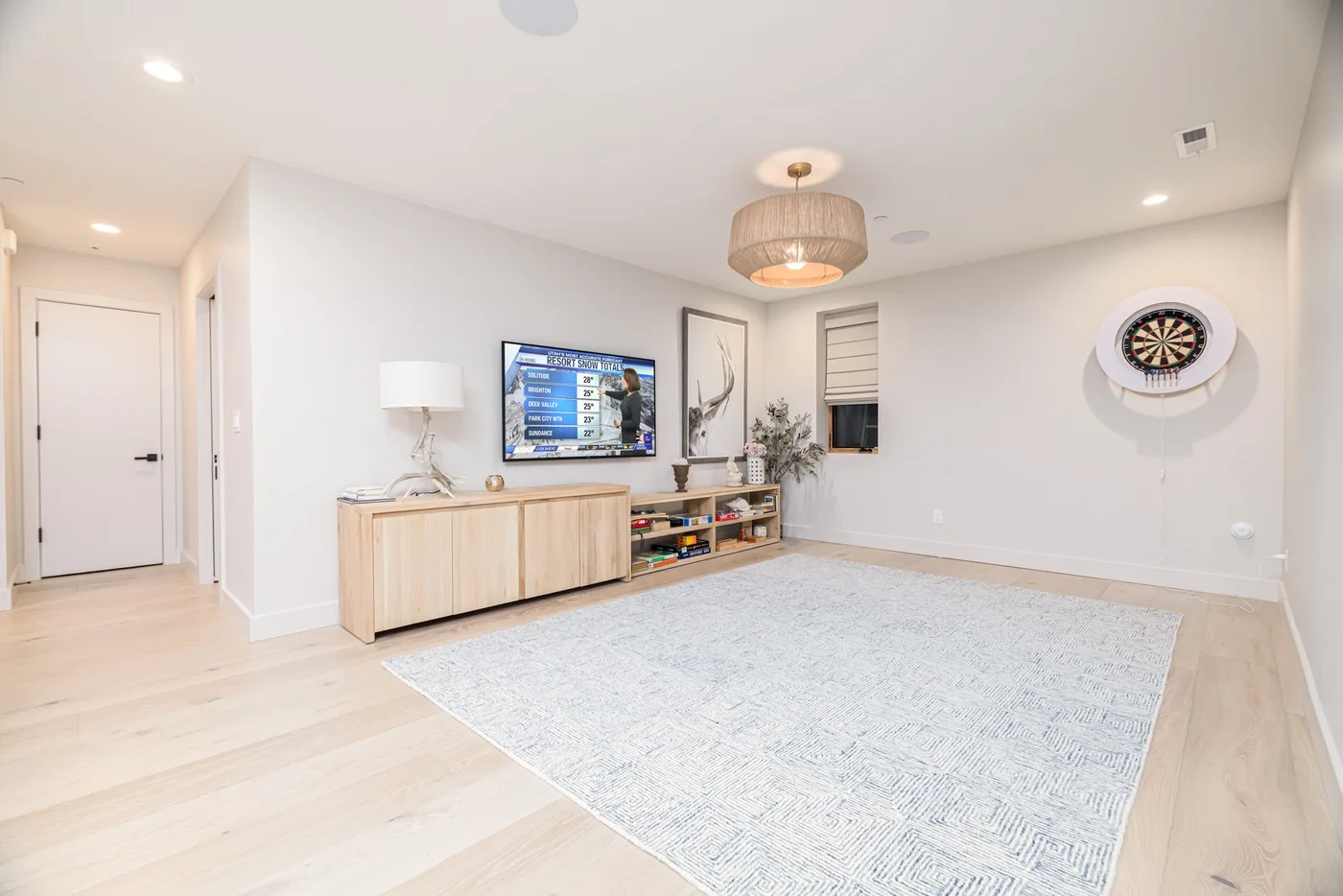 Una sala luminosa con un televisor sobre un mueble bajo y una alfombra grande.