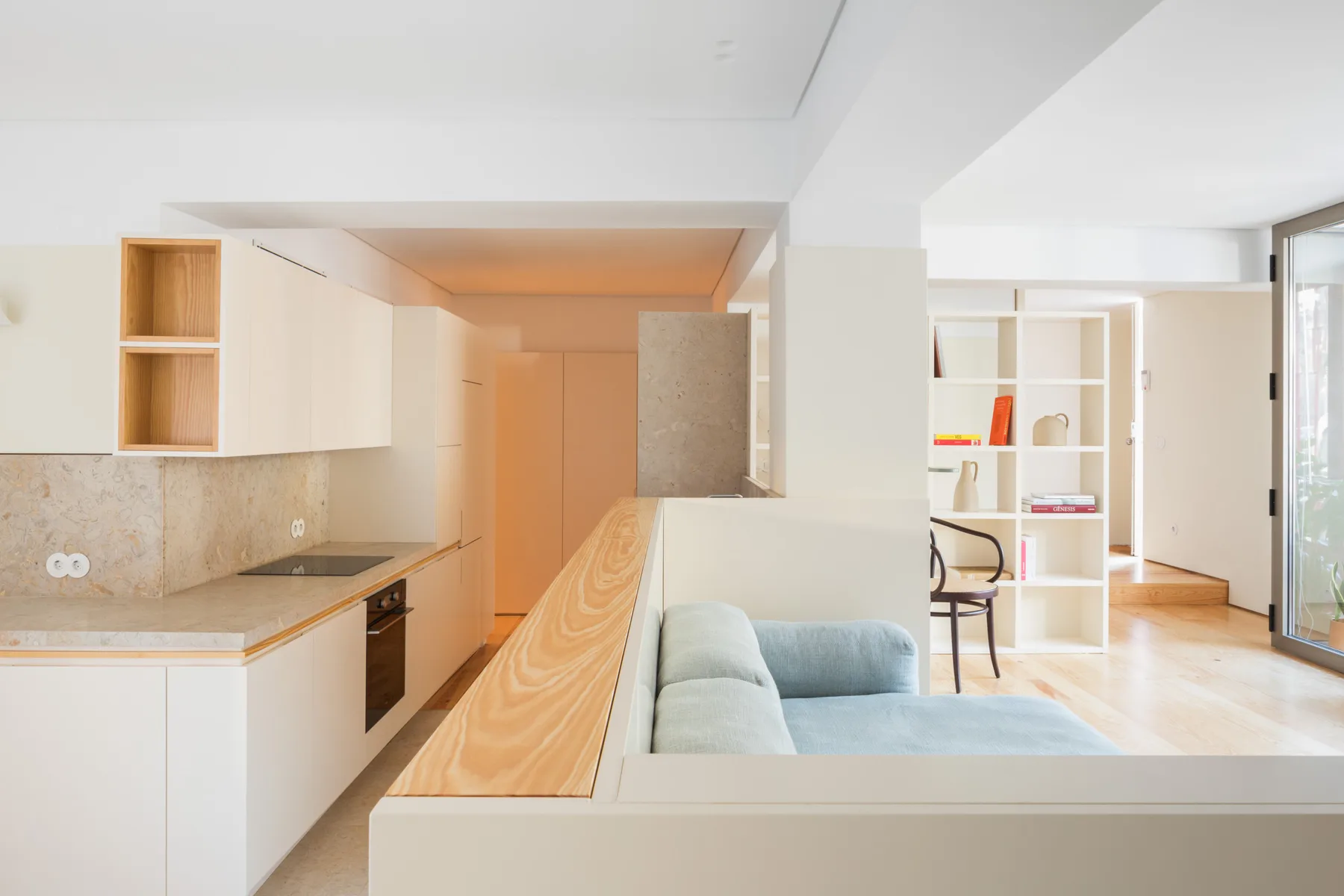 An open-plan apartment interior combines a kitchen, living area, and shelving.