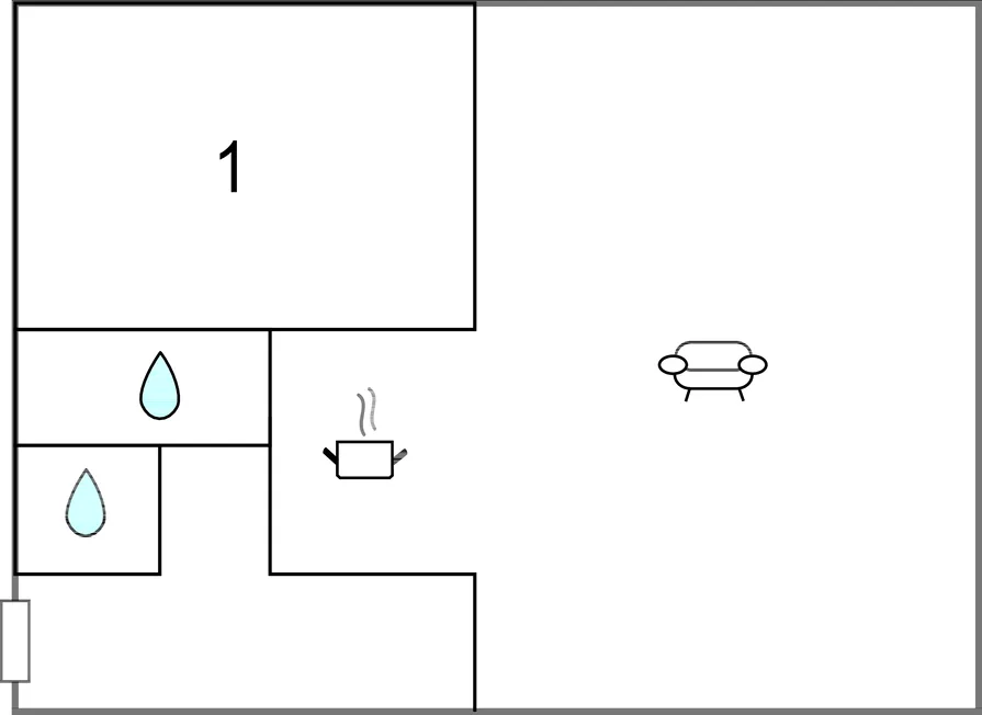 Un plano sencillo muestra varias habitaciones, símbolos de gotas de agua y un pequeño asiento.