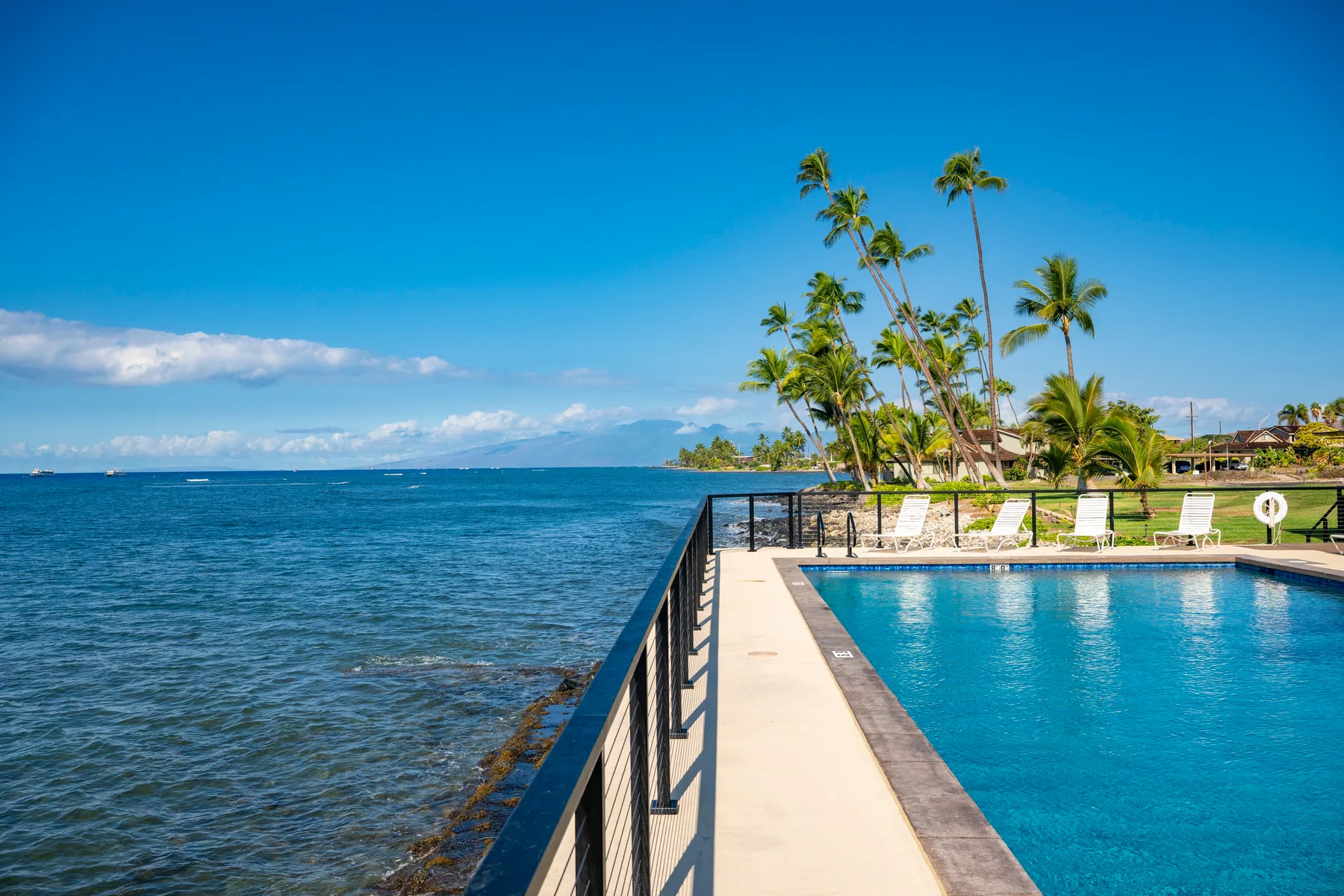 Una terraza con piscina frente al mar, con palmeras junto a la costa.