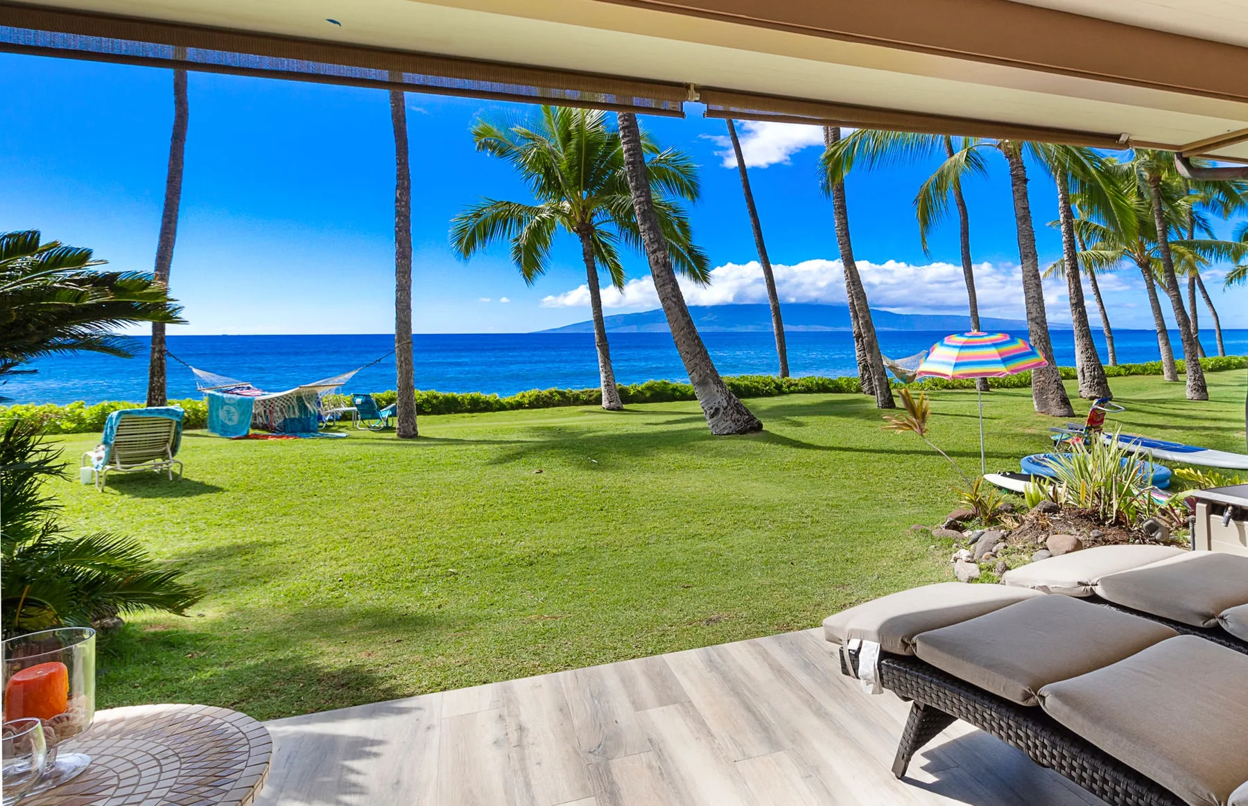 Un patio da a un césped junto al mar, con palmeras y vistas al océano.