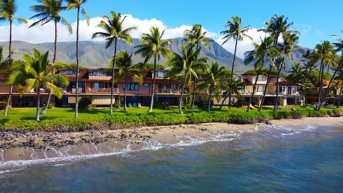 Una fila de casas frente a la playa se extiende detrás de una costa bordeada de palmeras, con montañas al fondo.
