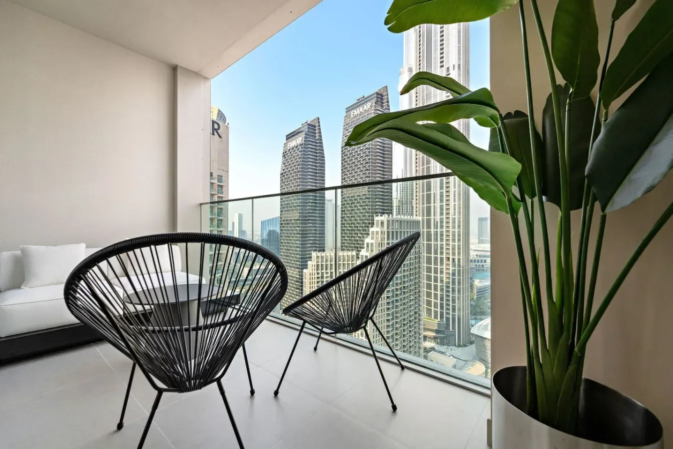 A balcony seating area overlooks a city skyline, with a large leafy plant nearby.