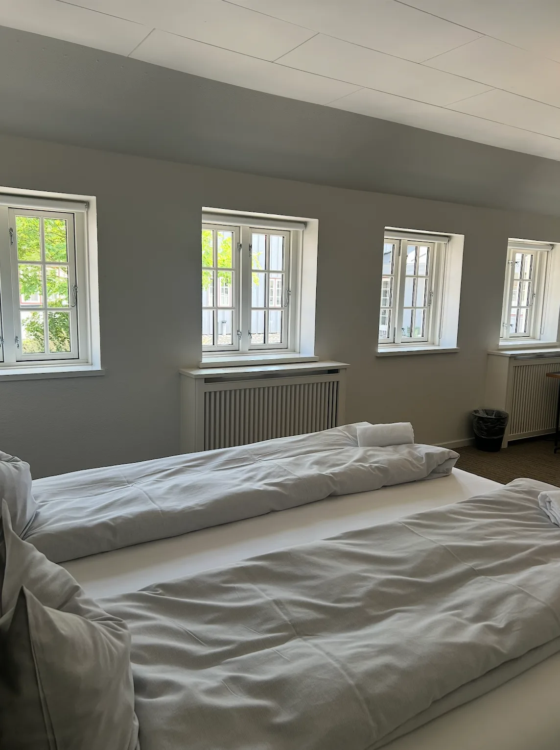 Bright room with two beds and windows