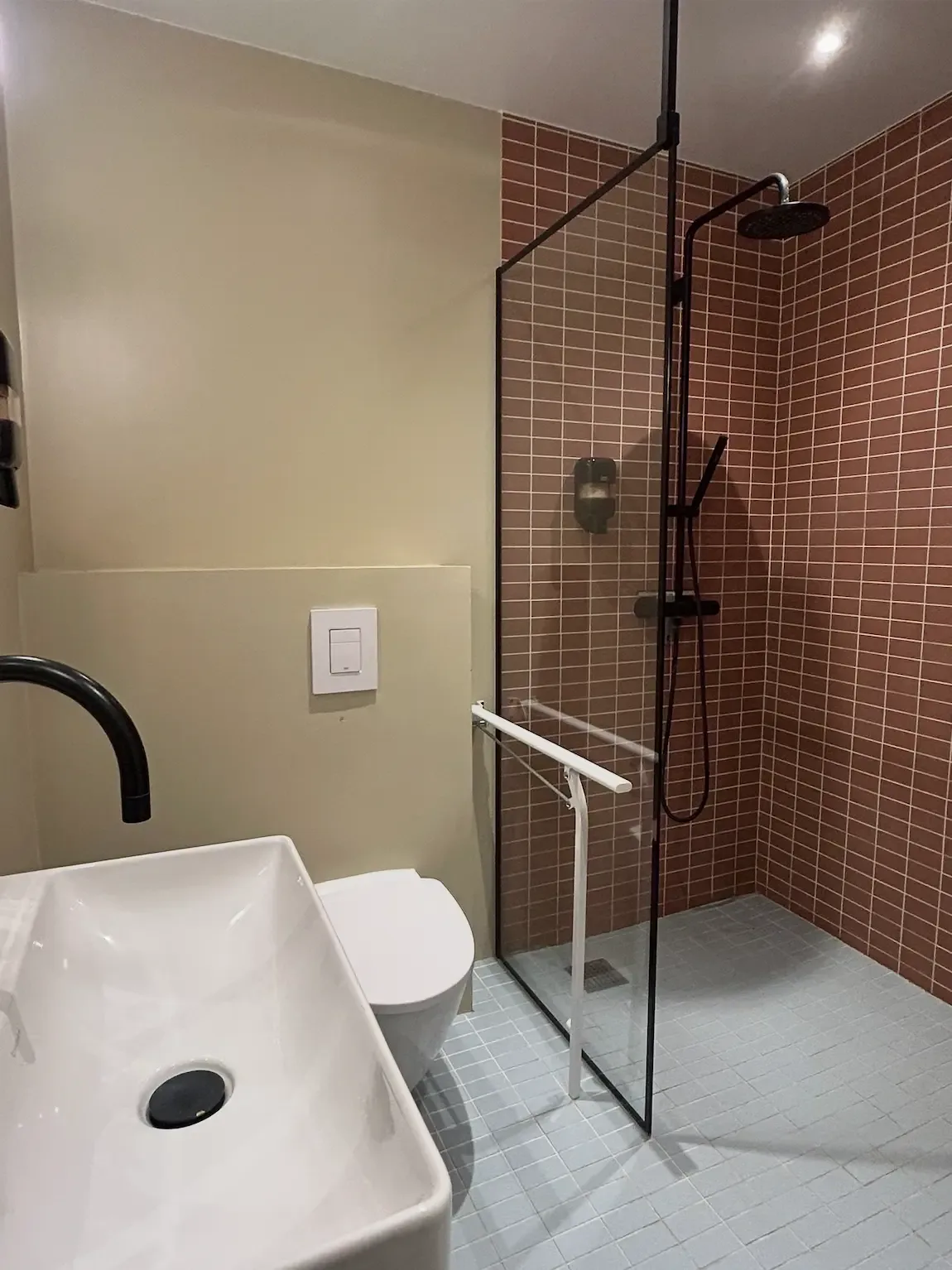 Bathroom with brown tiles