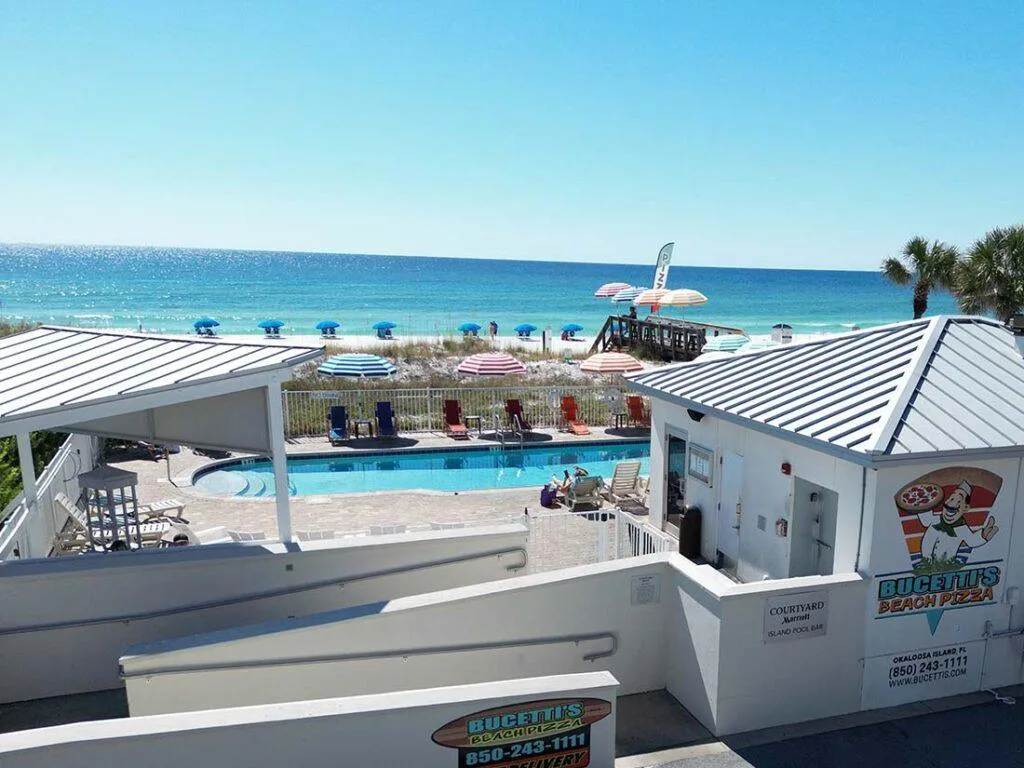 Pool and beach umbrellas near the shore
