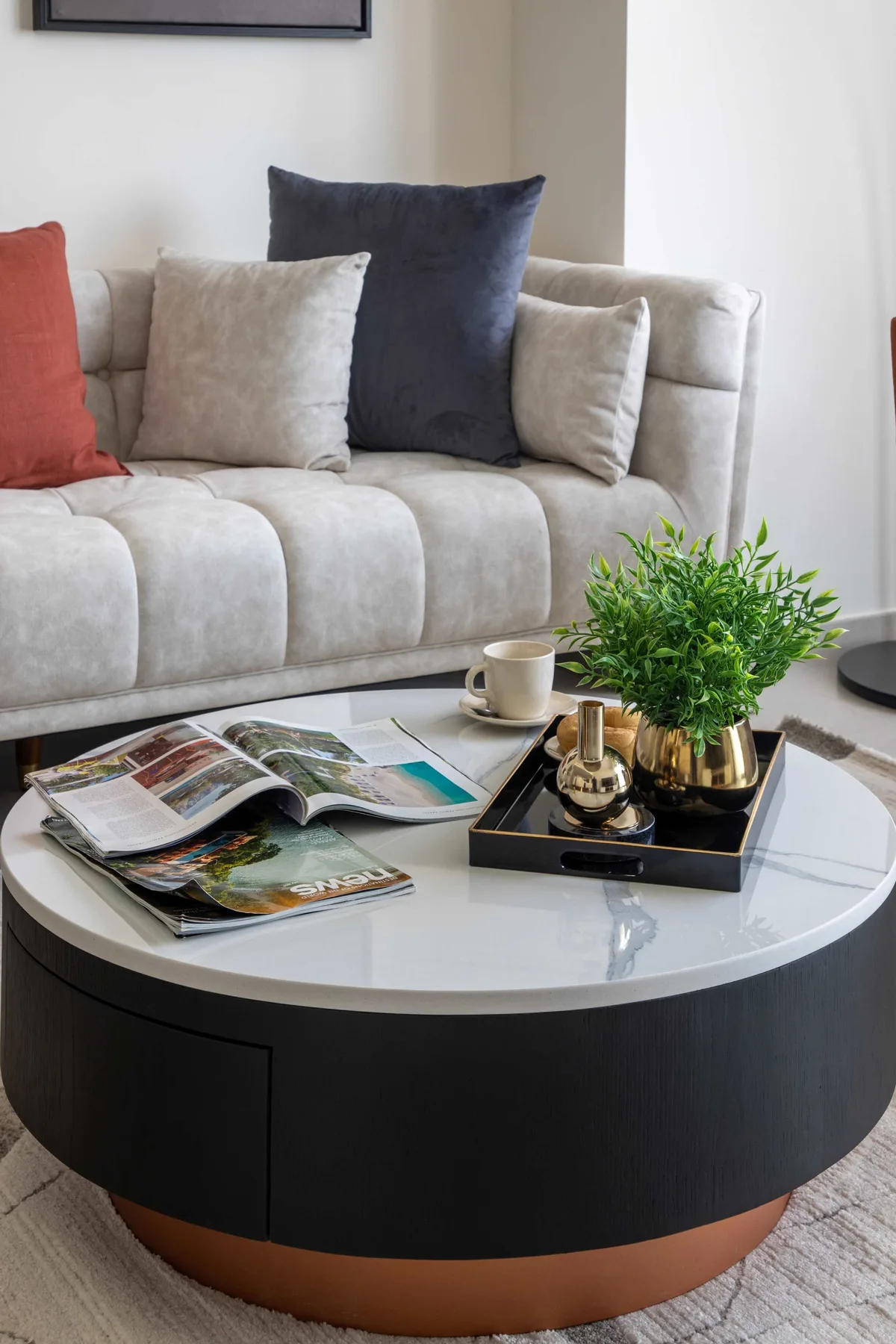 Sala de estar con un sofá claro y una mesa de centro redonda con revistas y una planta.
