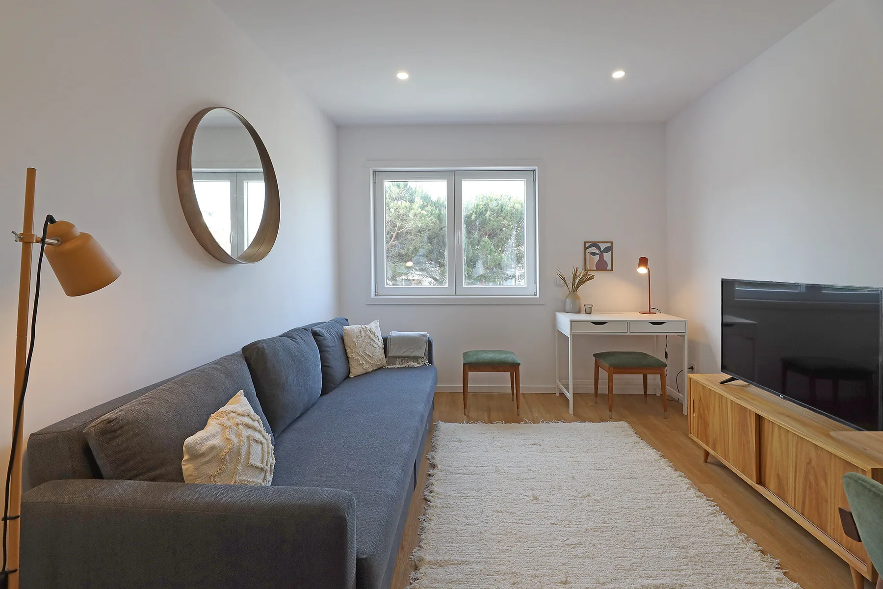 A living room with a sofa, rug, and television.