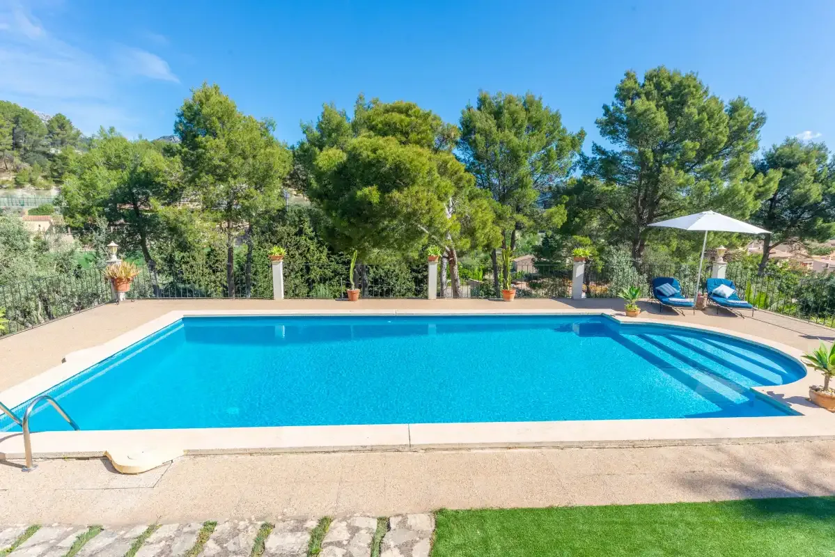 An outdoor swimming pool is surrounded by trees, with loungers beneath an umbrella.