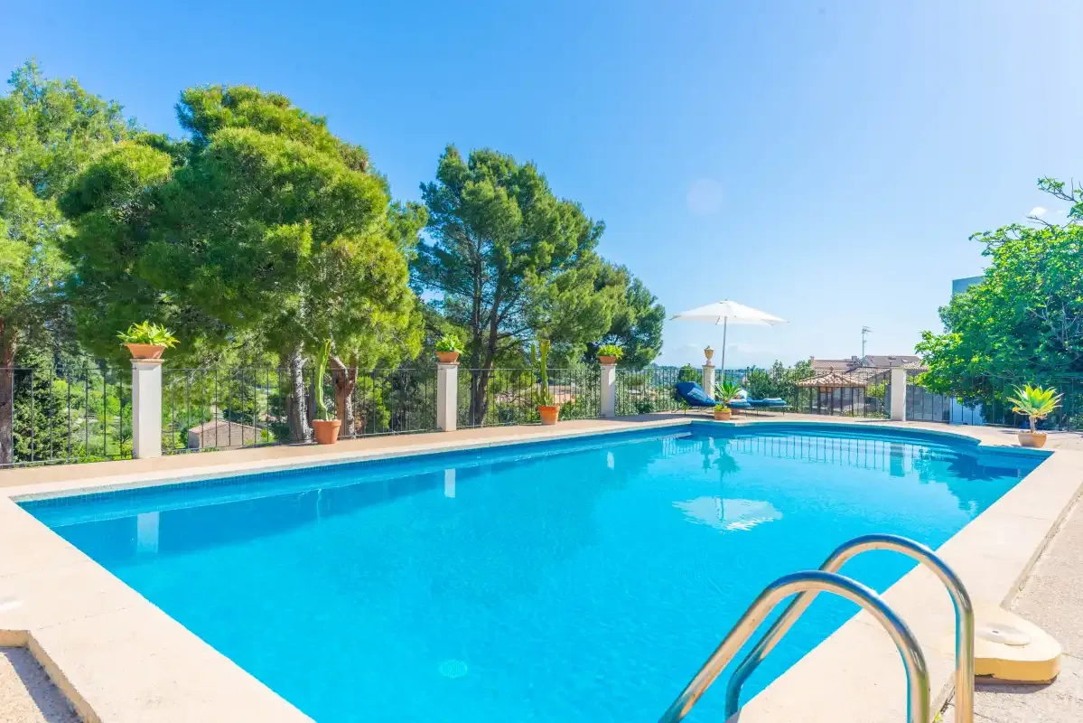 An outdoor swimming pool sits beside a sunlit terrace and leafy trees.