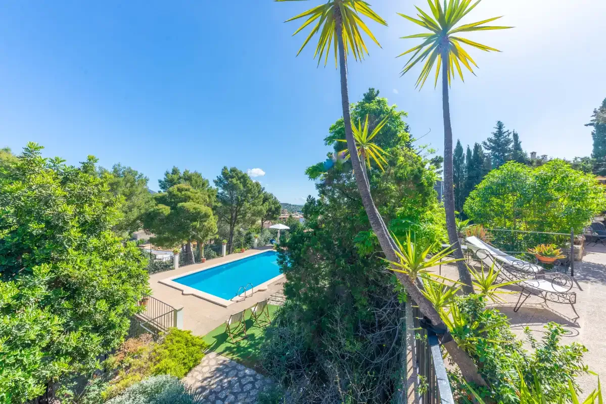 A swimming pool sits among lush greenery beside a sunny outdoor terrace.