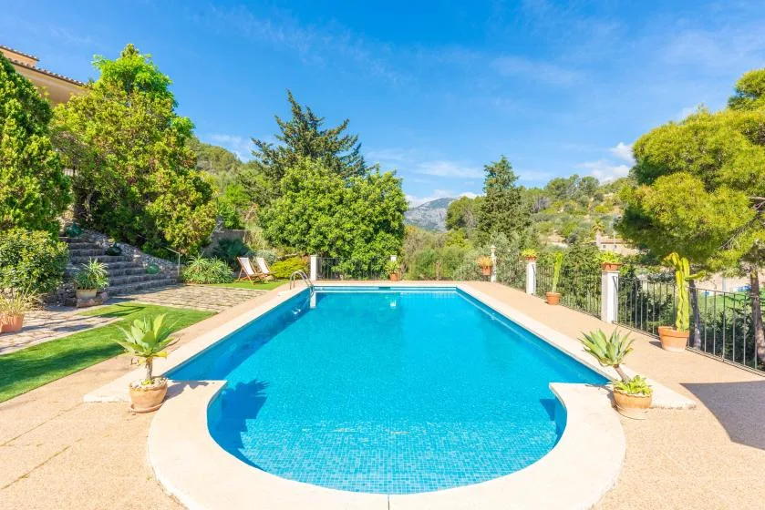 An outdoor swimming pool is surrounded by greenery and a paved deck.