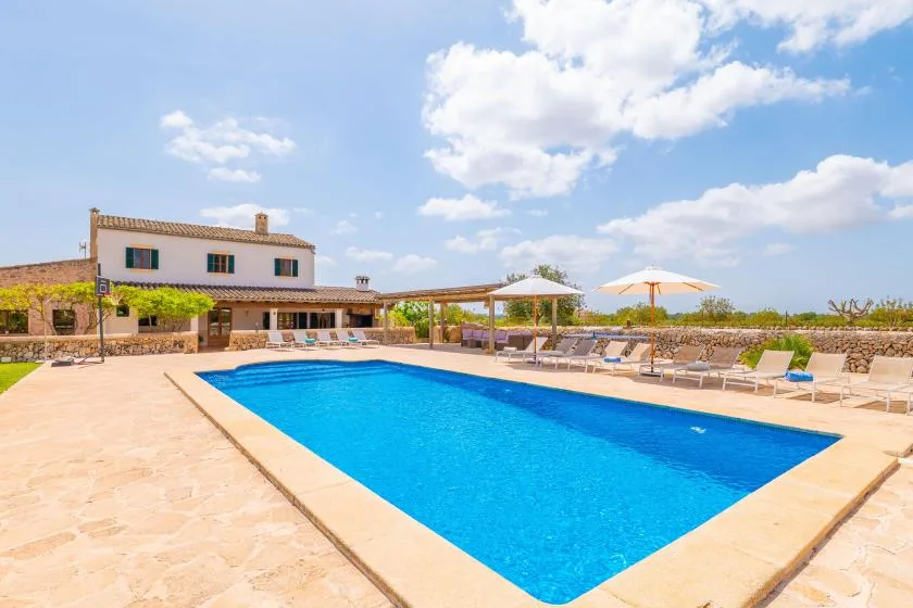 An outdoor swimming pool with lounge seating and a low building in the background.