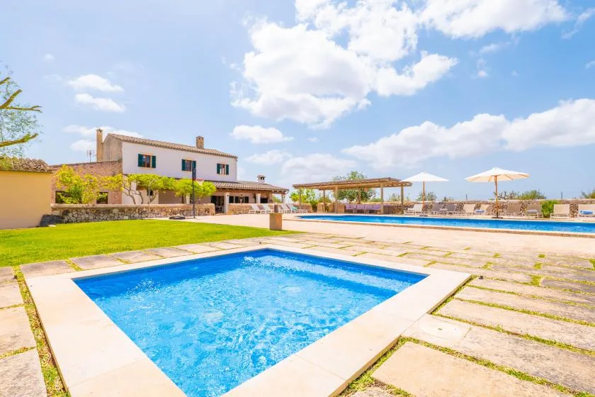 An outdoor swimming pool sits in a landscaped courtyard beside a low building.