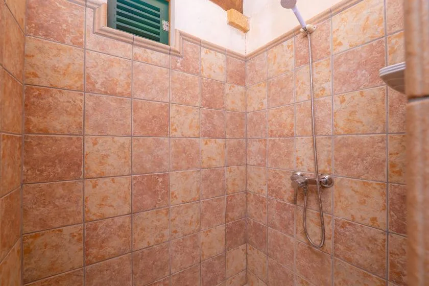Zona de ducha alicatada con una ducha de mano y controles montados en la pared.