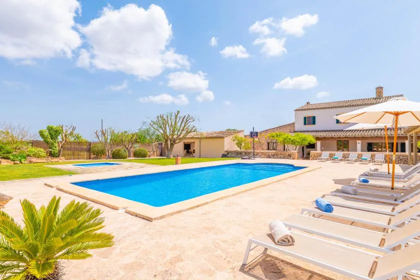 Outdoor swimming pool beside a landscaped courtyard, with lounge chairs and an umbrella.