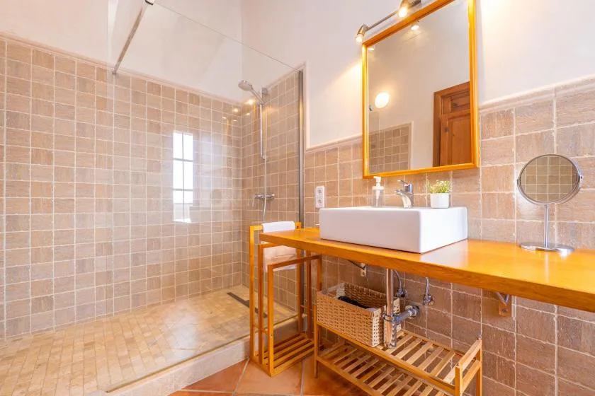 Un baño alicatado con ducha de vidrio y un lavabo bajo un espejo grande.