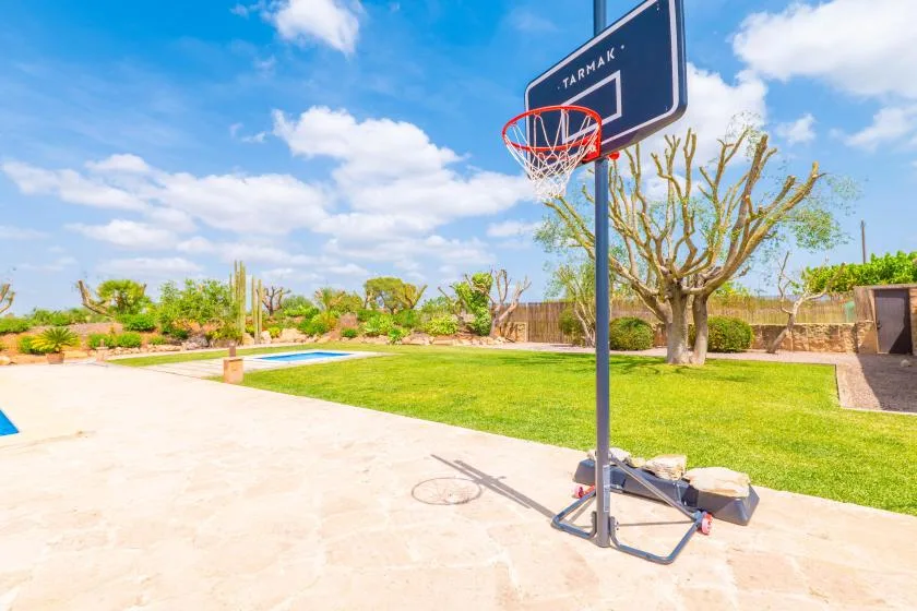 Una canasta de baloncesto al aire libre está junto a un césped y una pequeña piscina.