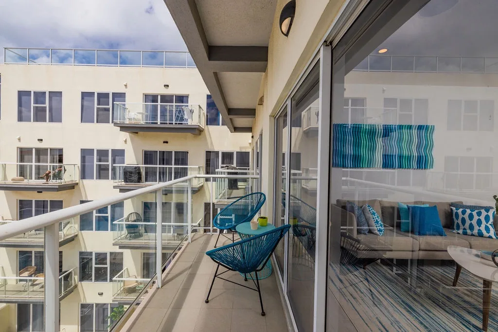 Relax in the vibrant blue lounge chairs with a morning coffee or evening glass of wine.