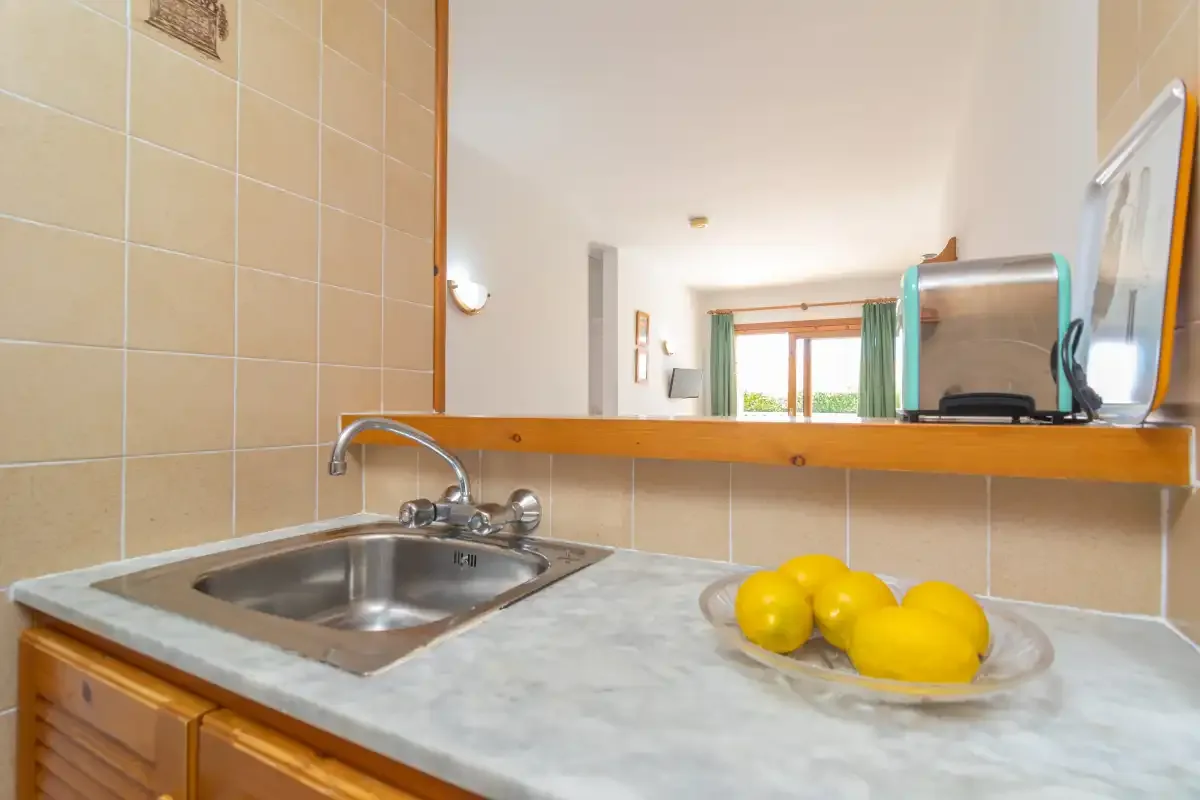 A tiled bathroom vanity has a sink and a plate of lemons beneath a large mirror.