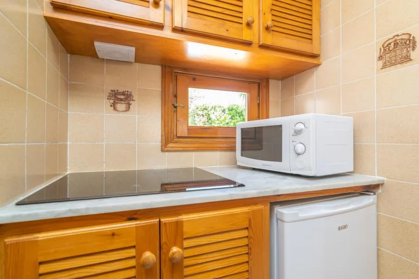 A compact kitchen with a microwave, countertop, and wooden cabinets.