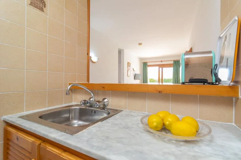A tiled kitchenette counter with a sink and a plate of fruit.