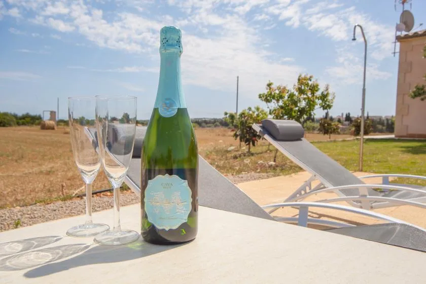 Una mesa de patio al aire libre con una botella y copas junto a tumbonas.