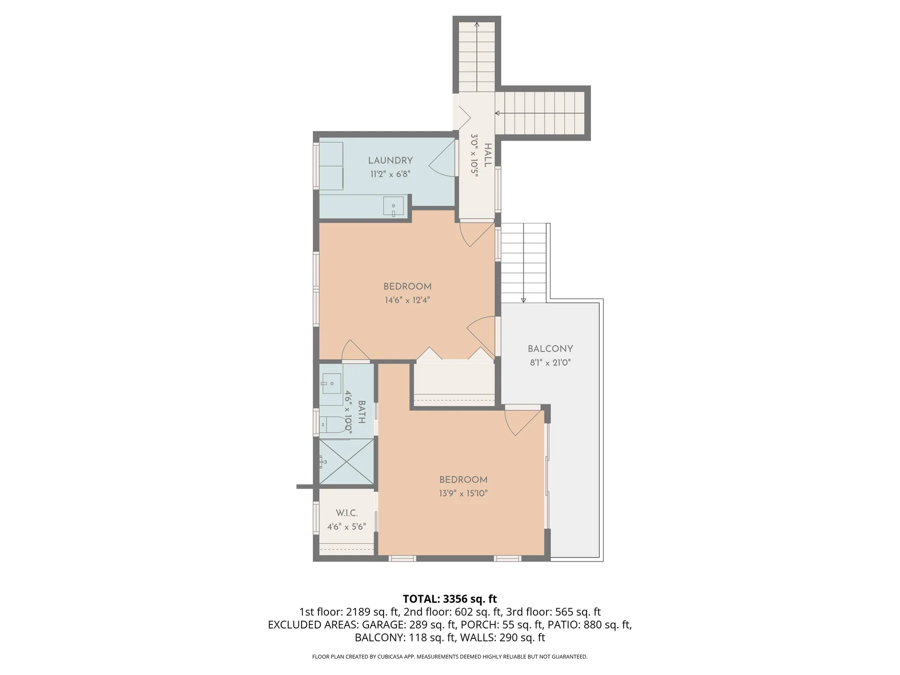 Un plano muestra dos dormitorios, un cuarto de lavandería y un balcón.
