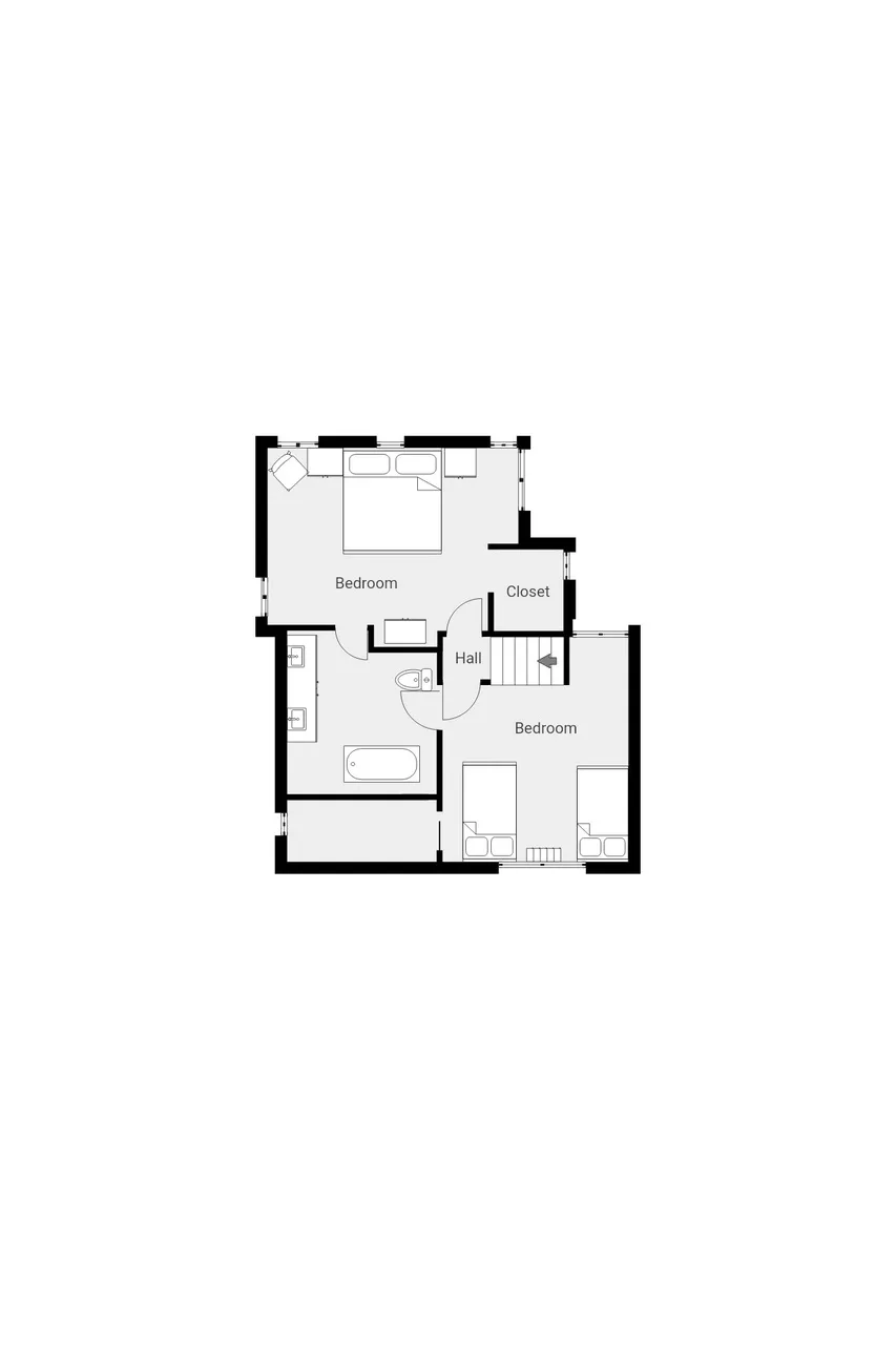 Un plano muestra dos dormitorios, un baño, un pasillo y un armario.