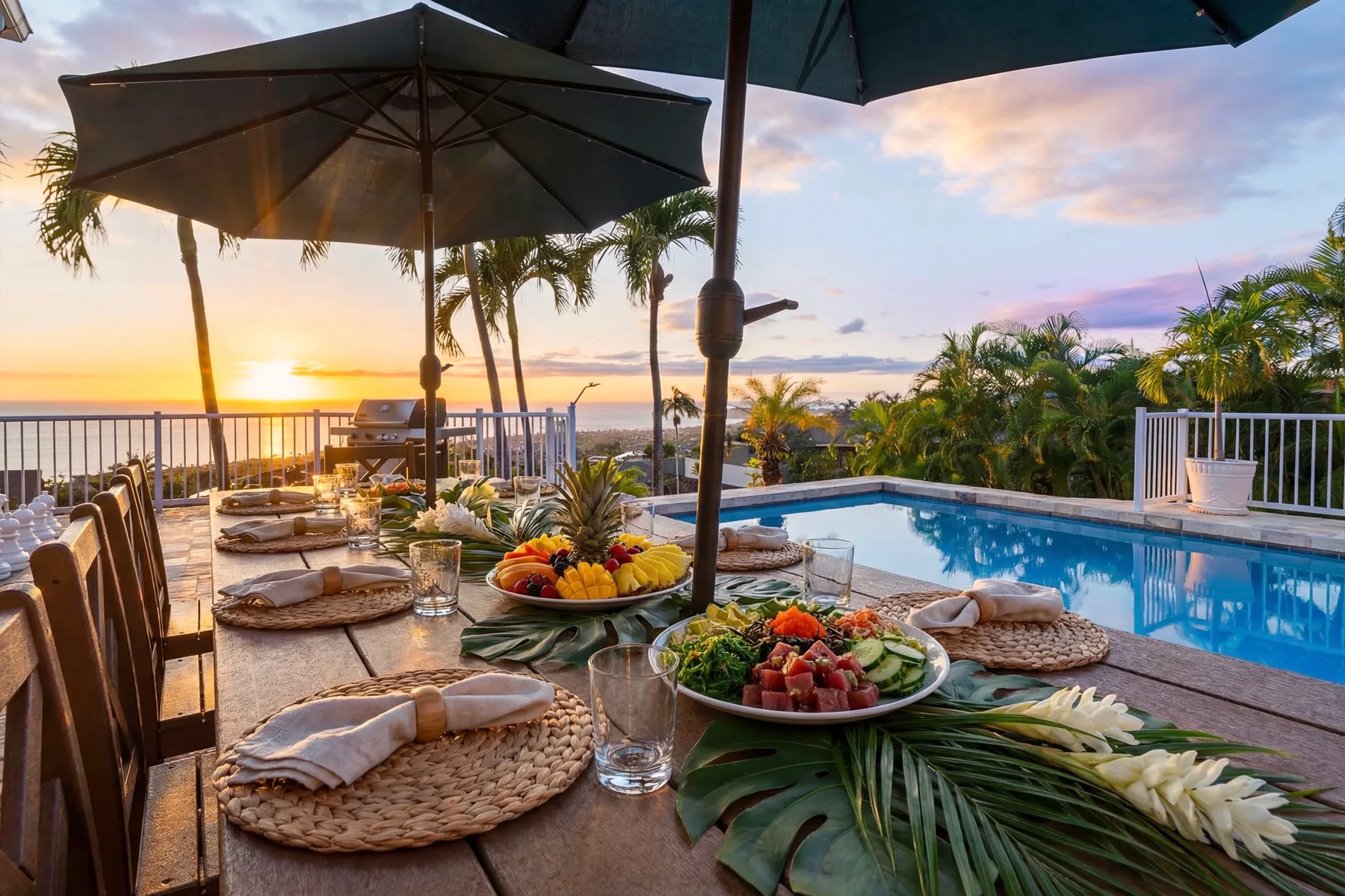 Una zona de comedor al aire libre junto a una piscina mira al océano al atardecer.