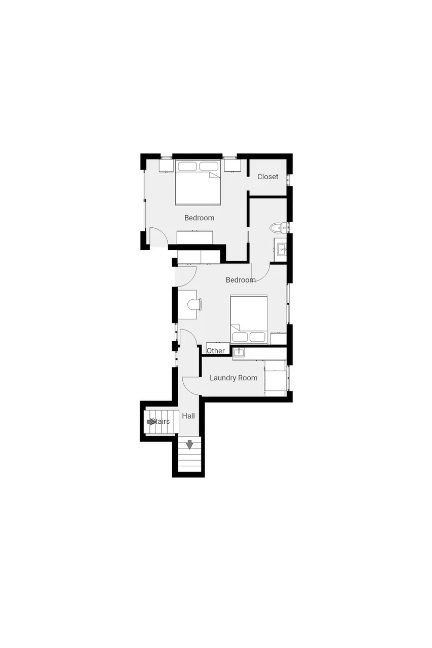 Plano de planta con dos dormitorios, una lavandería y un pasillo.