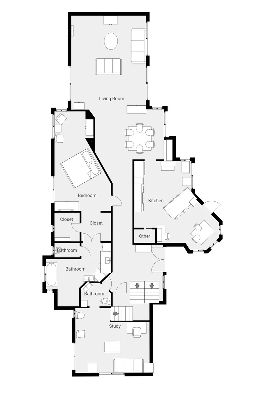 Un plano de apartamento muestra una sala de estar, dormitorios, cocina y estudio.