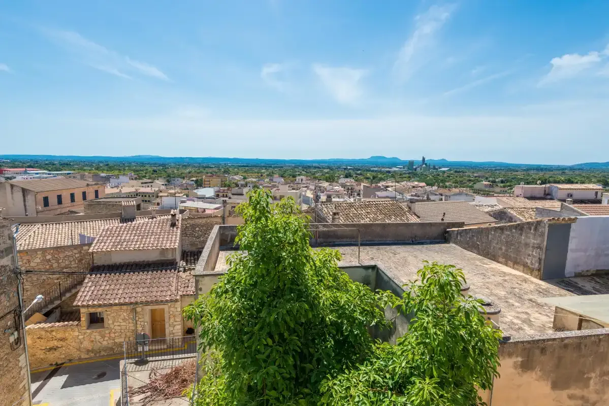 A rooftop view overlooks a town’s clustered buildings beneath a wide blue sky.